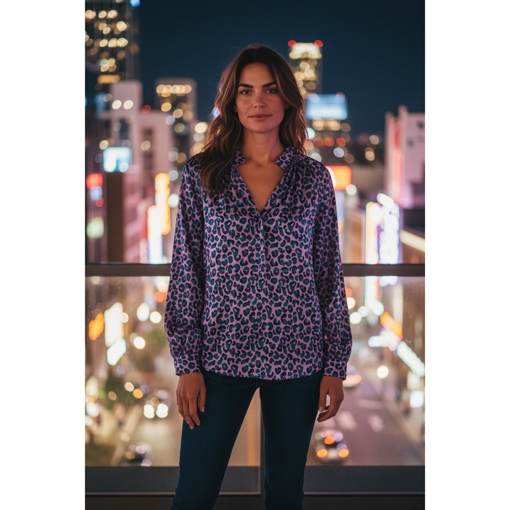 Tucker NY Silk Leopard The Long Sleeve Polo Blouse Lilac Lucky Leo luxury chic